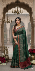 Green and red blended tussar silk saree with kantha work on border, includes BP