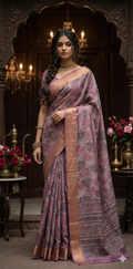Light pink semi soft tussar silk saree with floral print, with BP