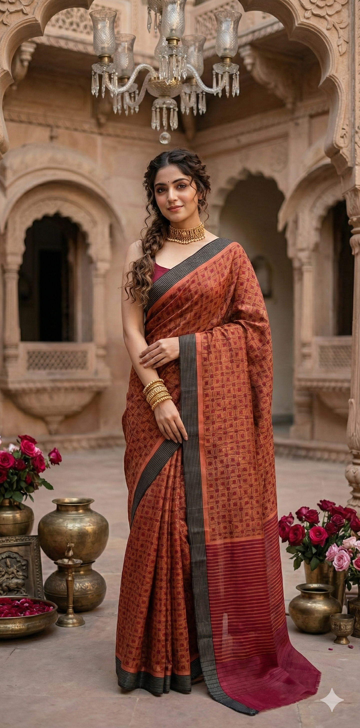 Printed blended tussar silk saree with BP