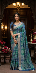 Blue semi soft tussar silk saree with floral print, with BP