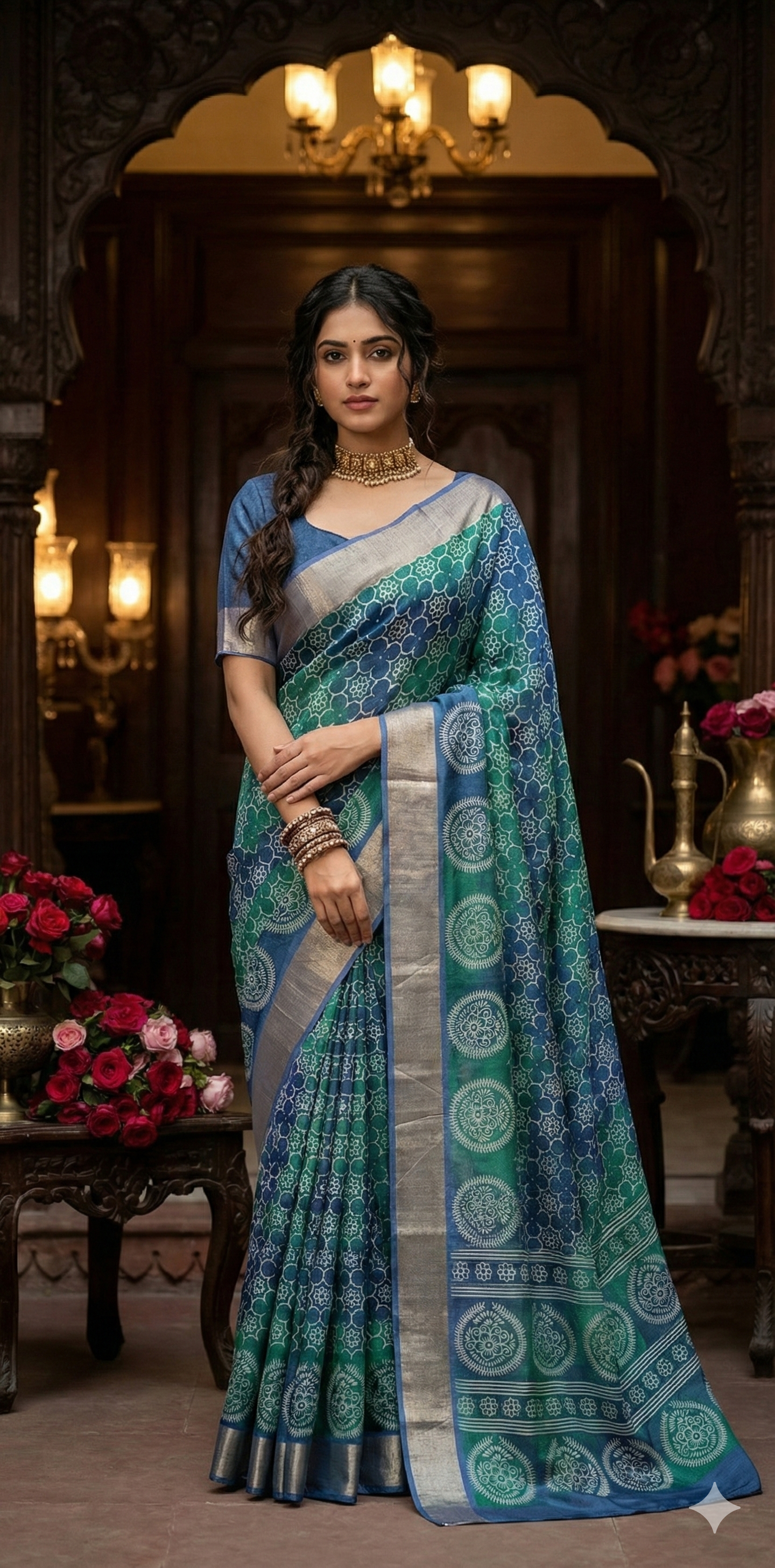 Blue semi soft tussar silk saree with floral print, with BP