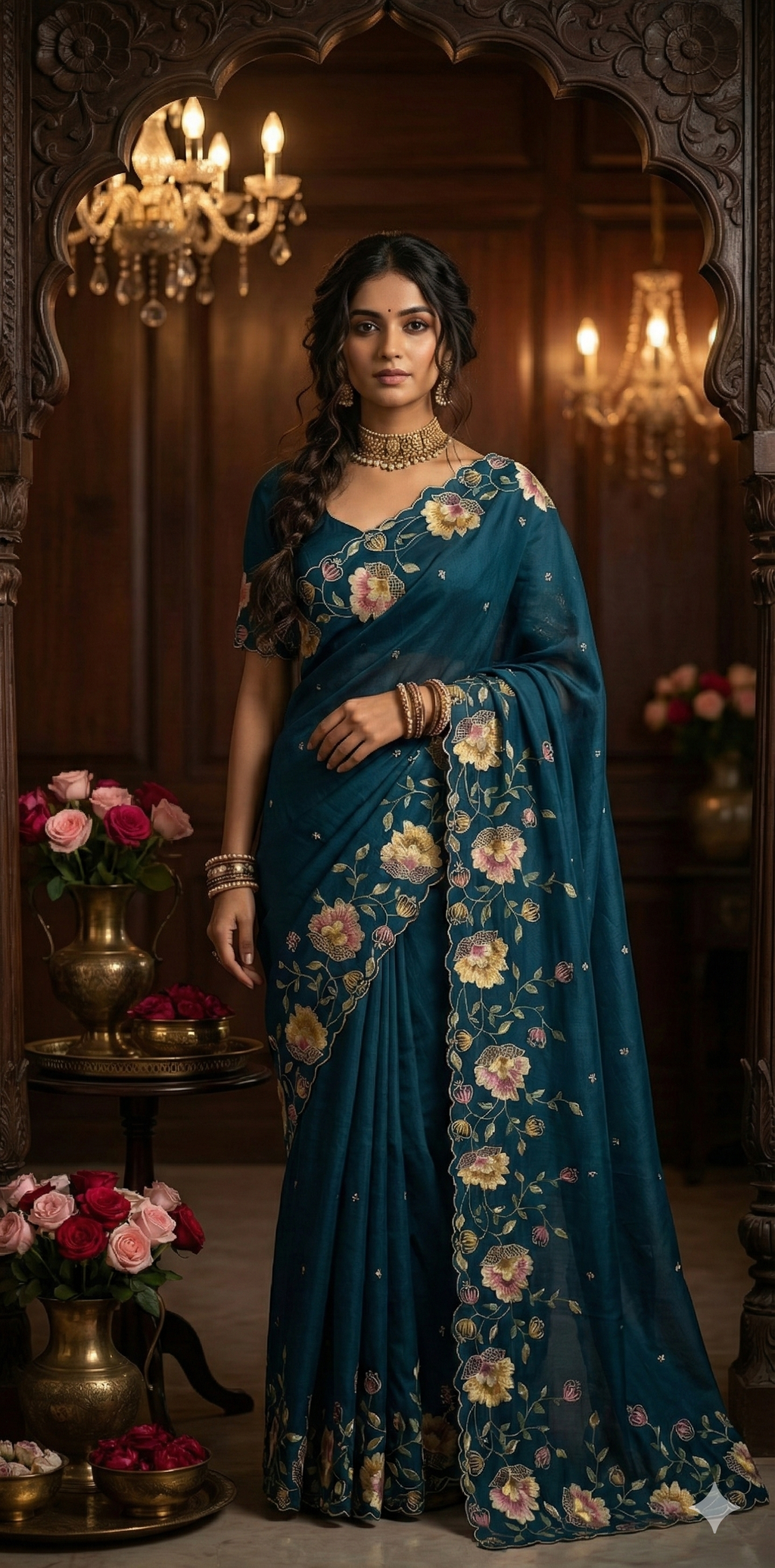 Cobalt blue semi tussar silks aree with emroidery , with stitched blouse