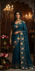Cobalt blue semi tussar silks aree with emroidery , with stitched blouse