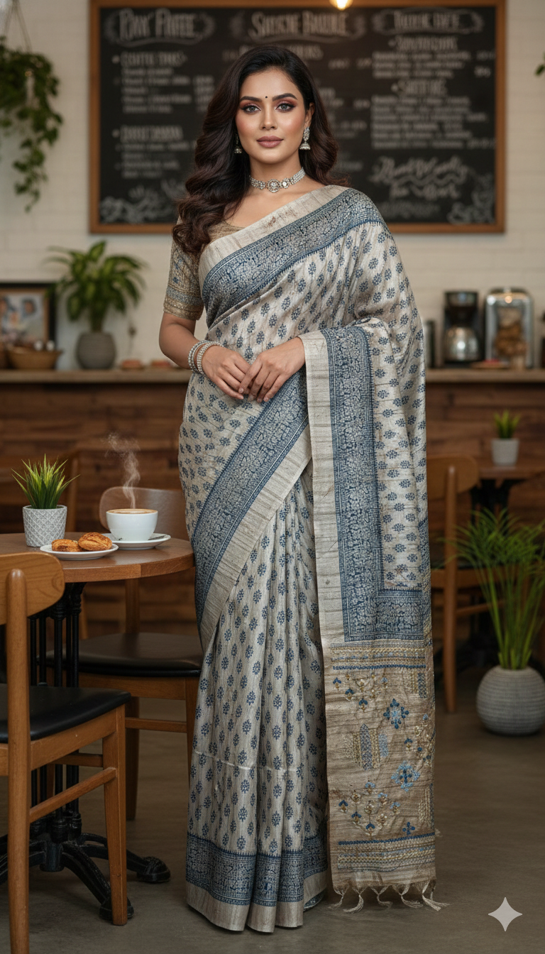 Printed Tussar silk saree with hand emroidery and stitched blouse