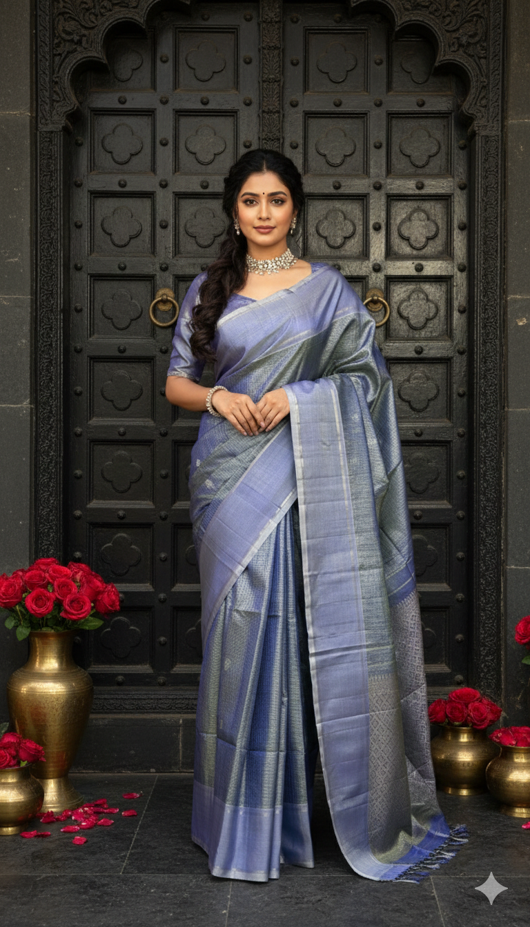 Periwinkle Handloom Pure Silk Tissue Kanchivaram Saree With Stitched Blouse