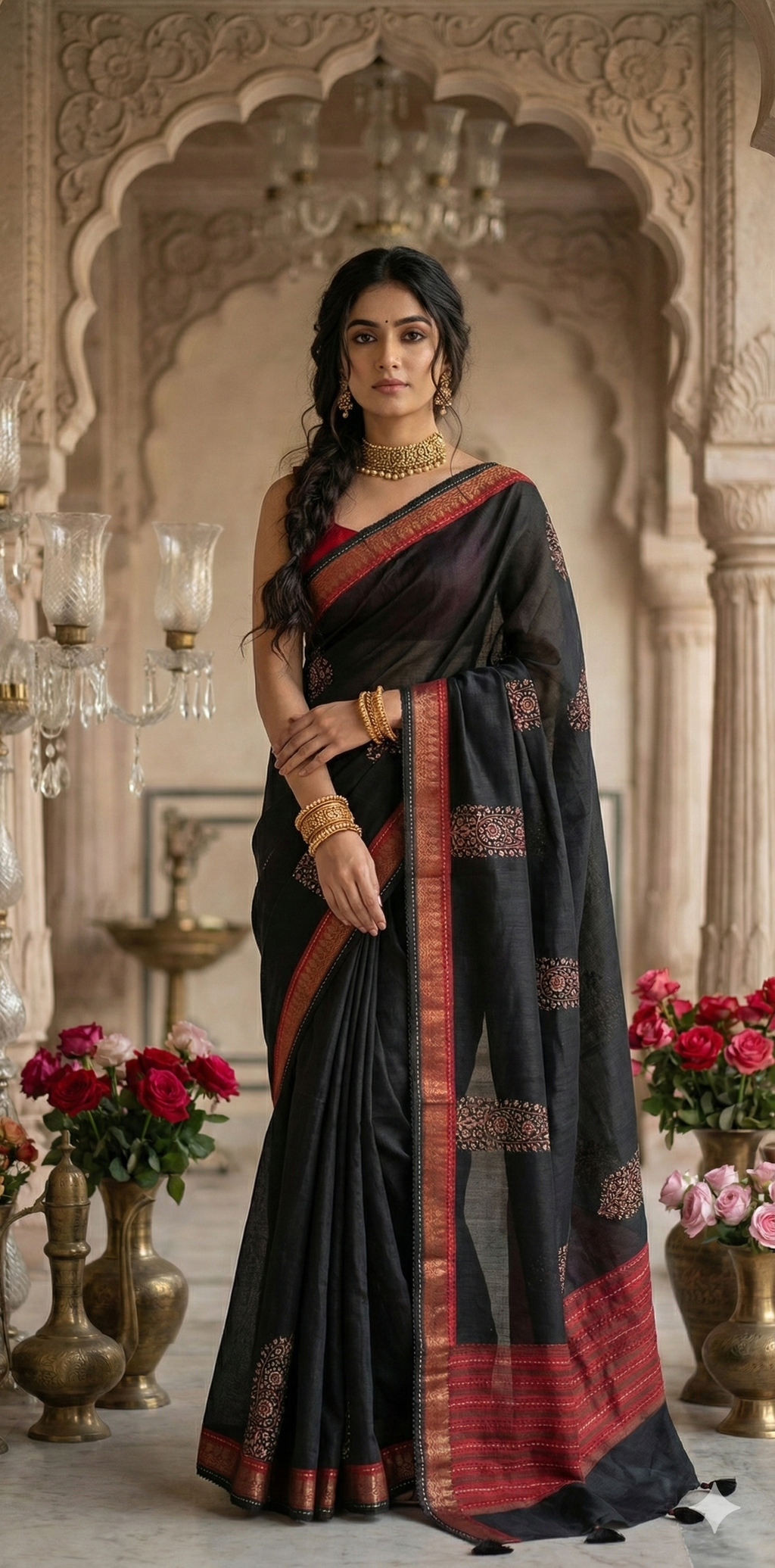 Black and red blended tussar silk saree the block print and highlighted with embroidery, with BP