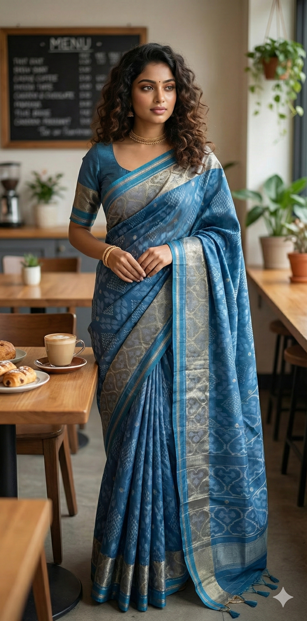 Semi ikkat saree with stitched blouse