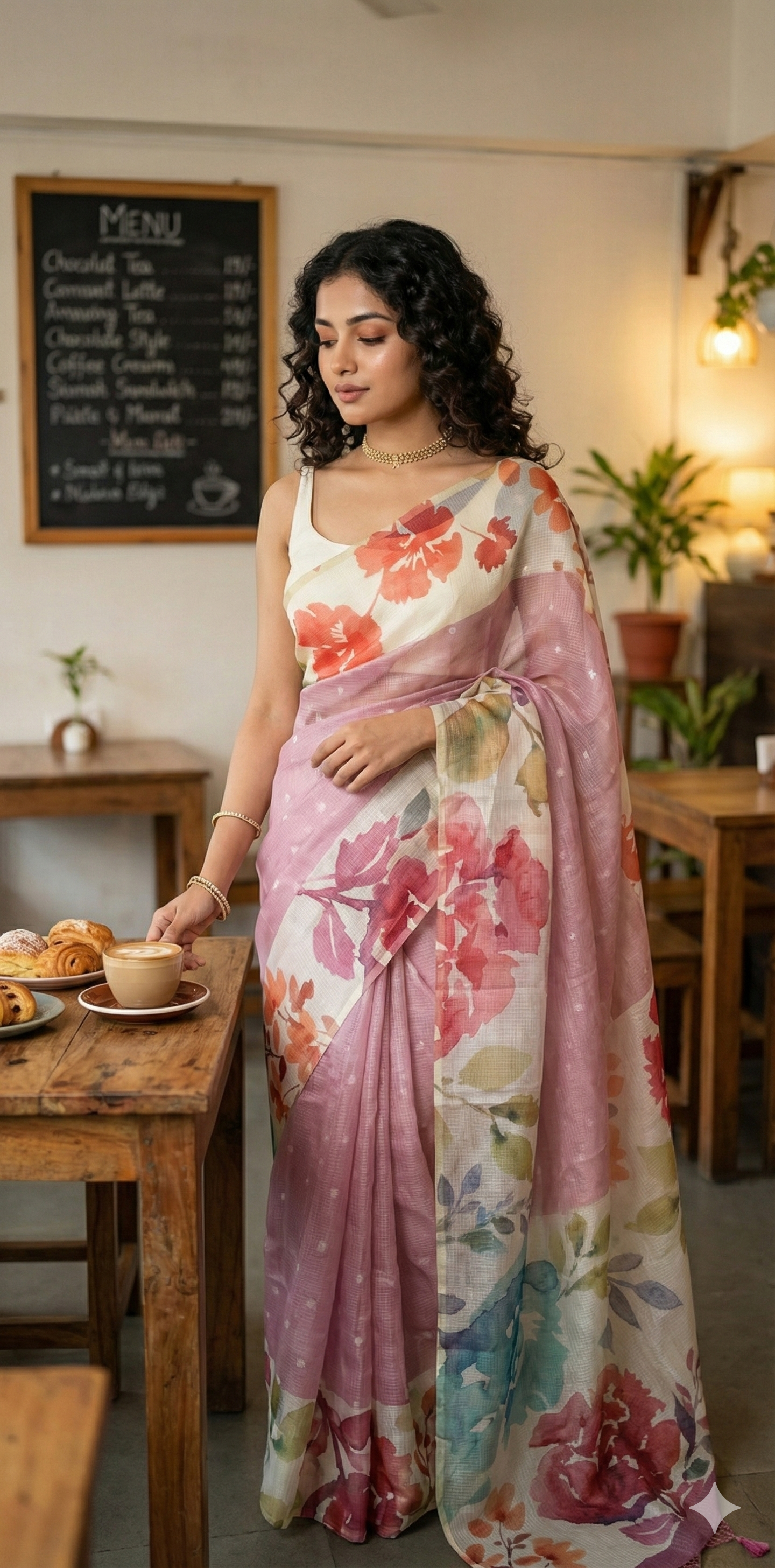 Kota silk saree with floral print border, with BP