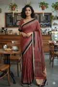 Hand block Ajrakh print Red modal silk saree with gotta patti border, with stitched blouse