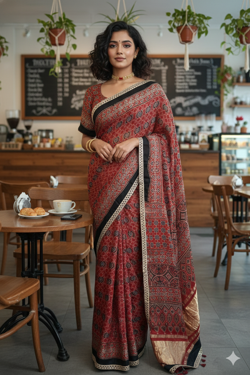 Hand block Ajrakh print Red modal silk saree with gotta patti border, with stitched blouse
