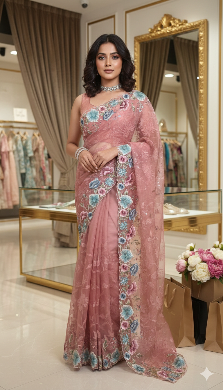 Coral soft organza saree with sequins and embroidery, with stitched blouse