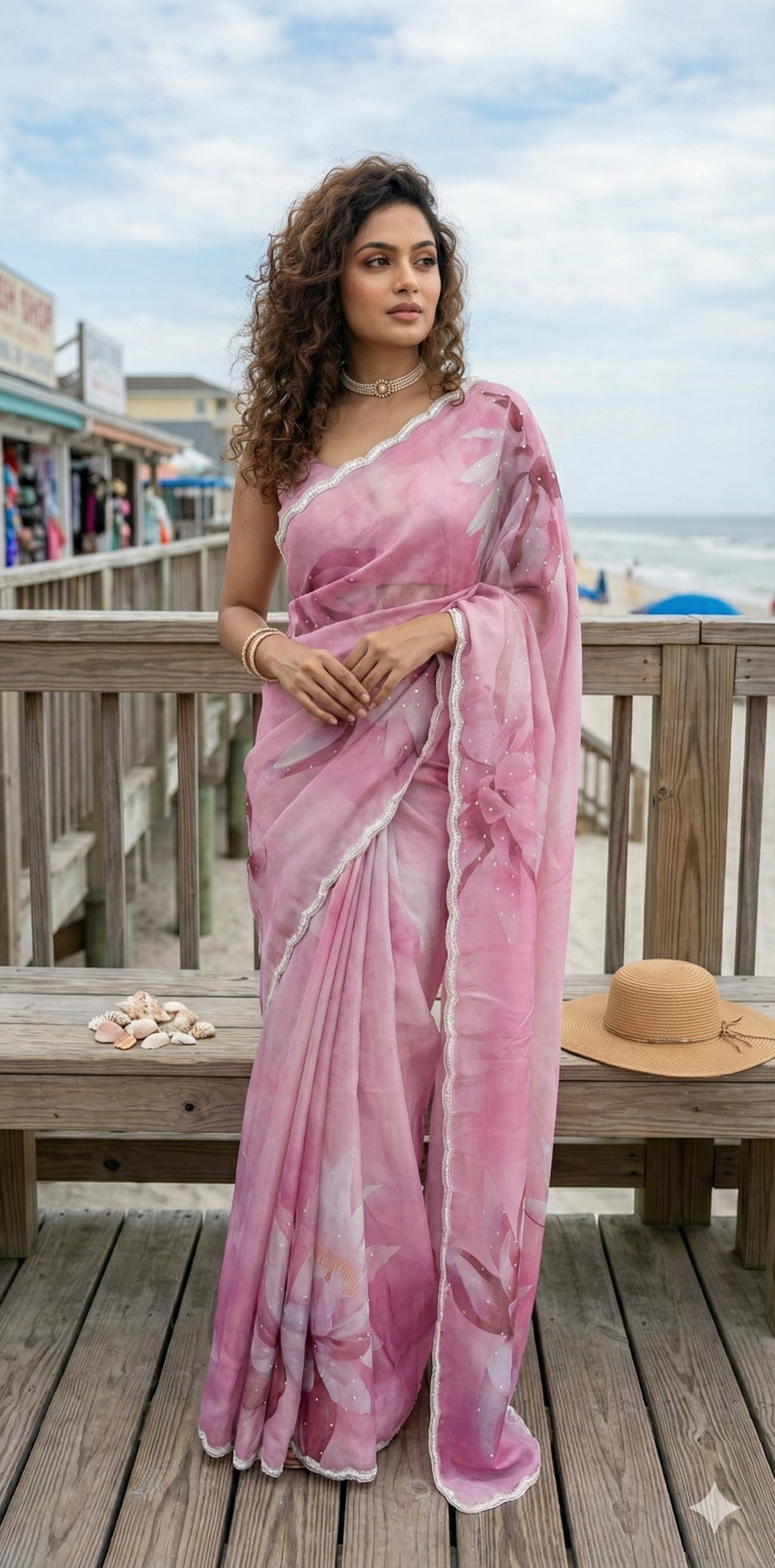 Tissue crepe silk saree with sequins border, stitched blouse