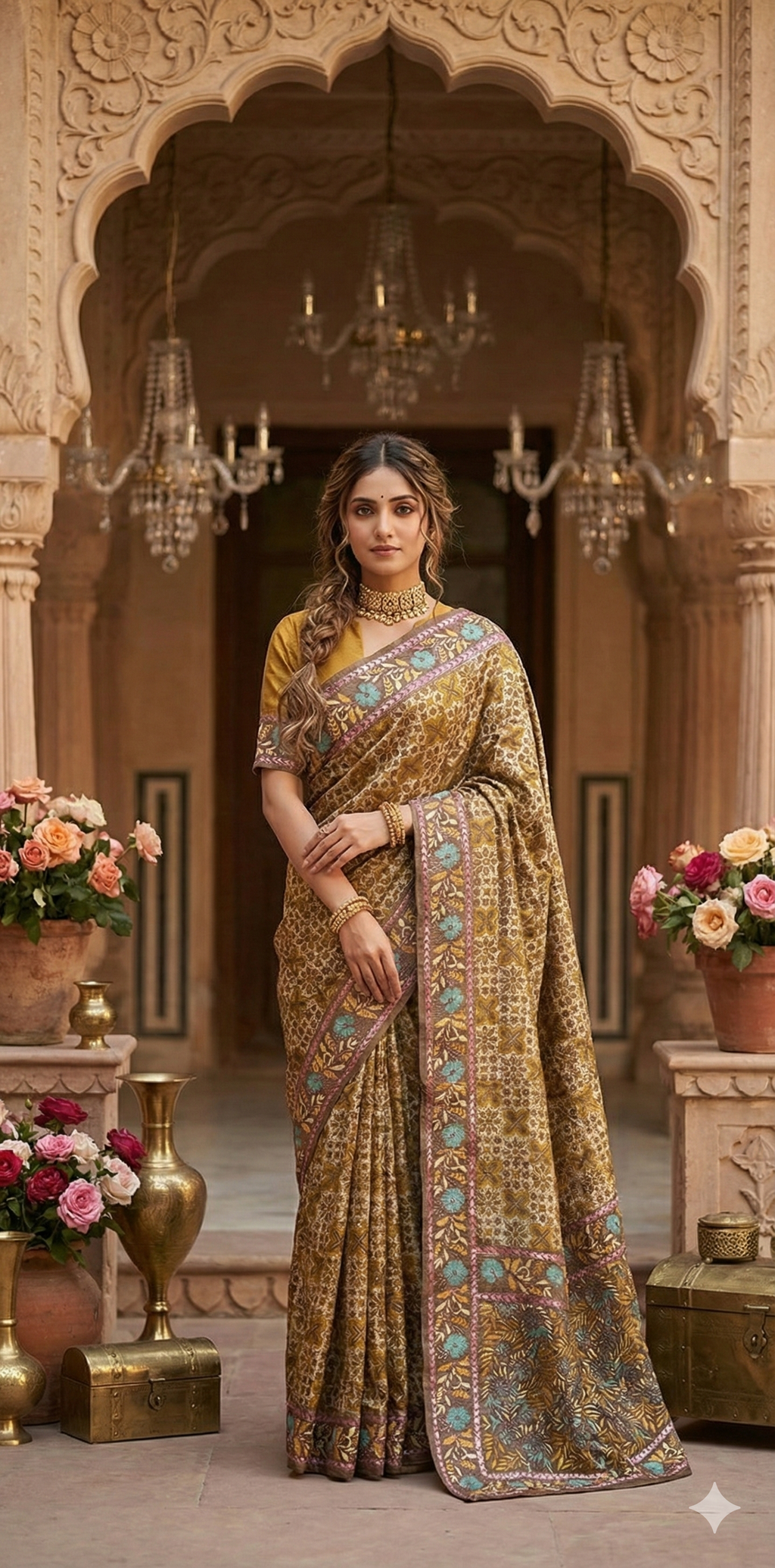 Pure tussar silk saree with Ajrakh hand block print and hand embroidery, stitched blouse