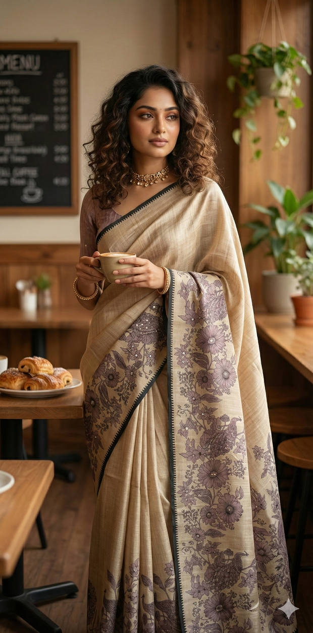 Semi Raw silk saree with lilac floral print and morrior work