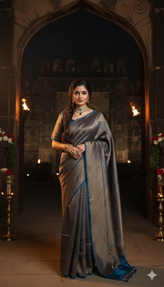 Blue brocade organza saree with stitched blouse