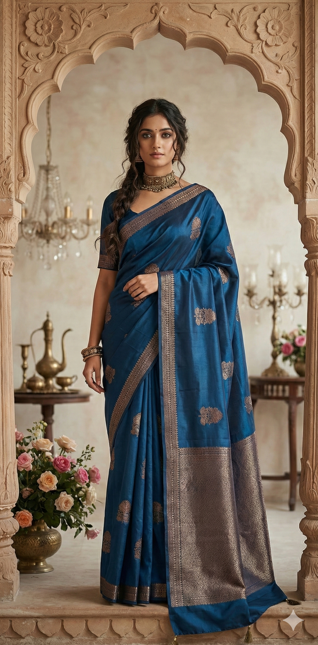 Peacock blue Pure tussar banarasi silk saree, with stitched blouse
