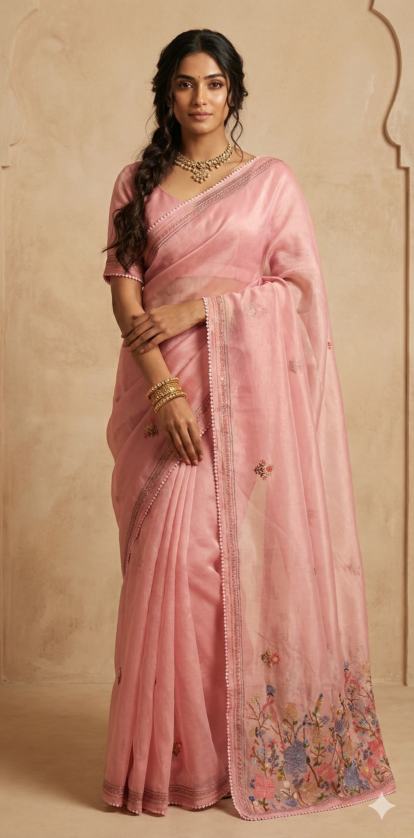 Tissue cotton saree with handwork and stitched blouse
