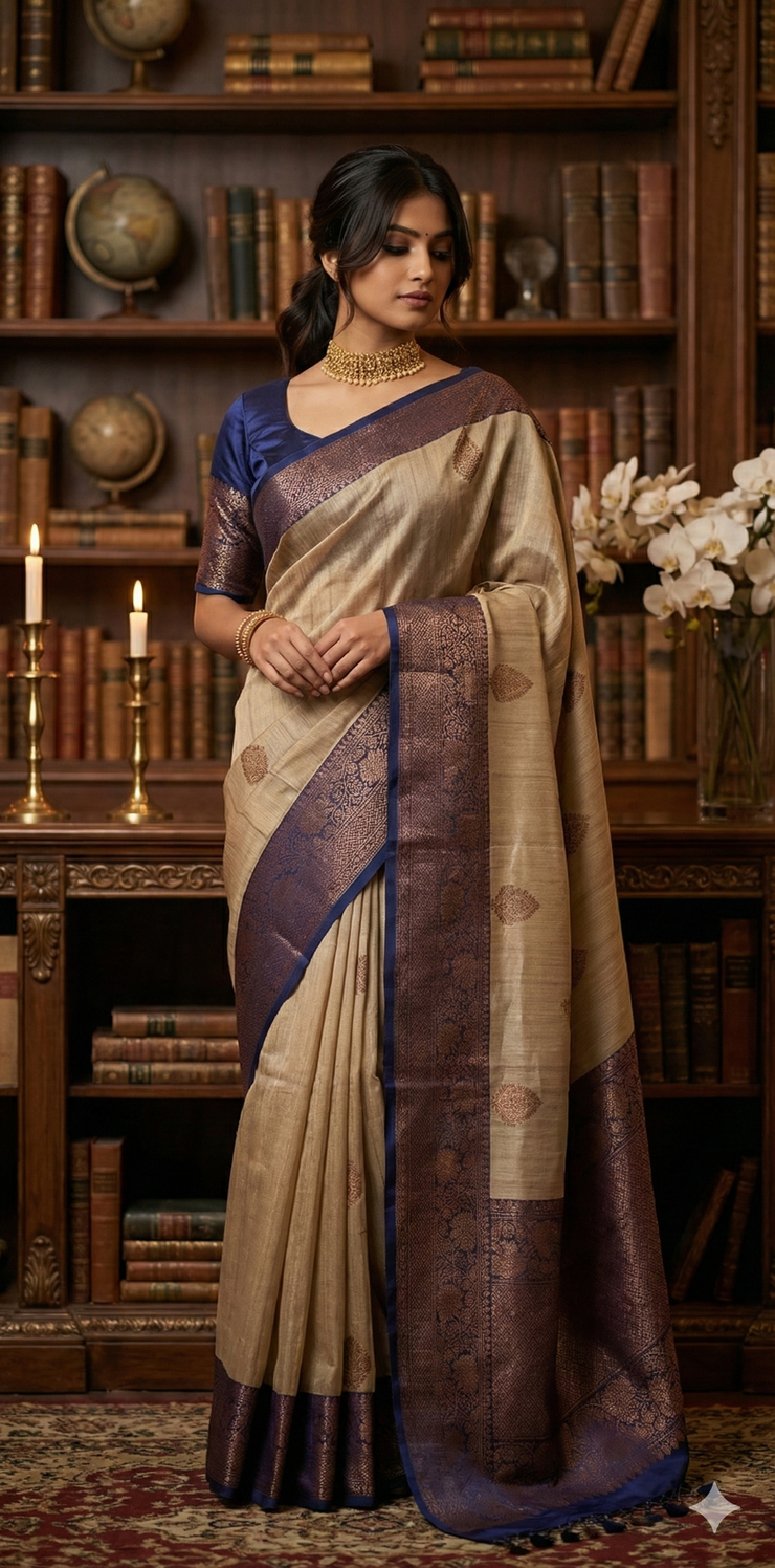 Pure silk Tussar Banarsi saree with stitched blouse