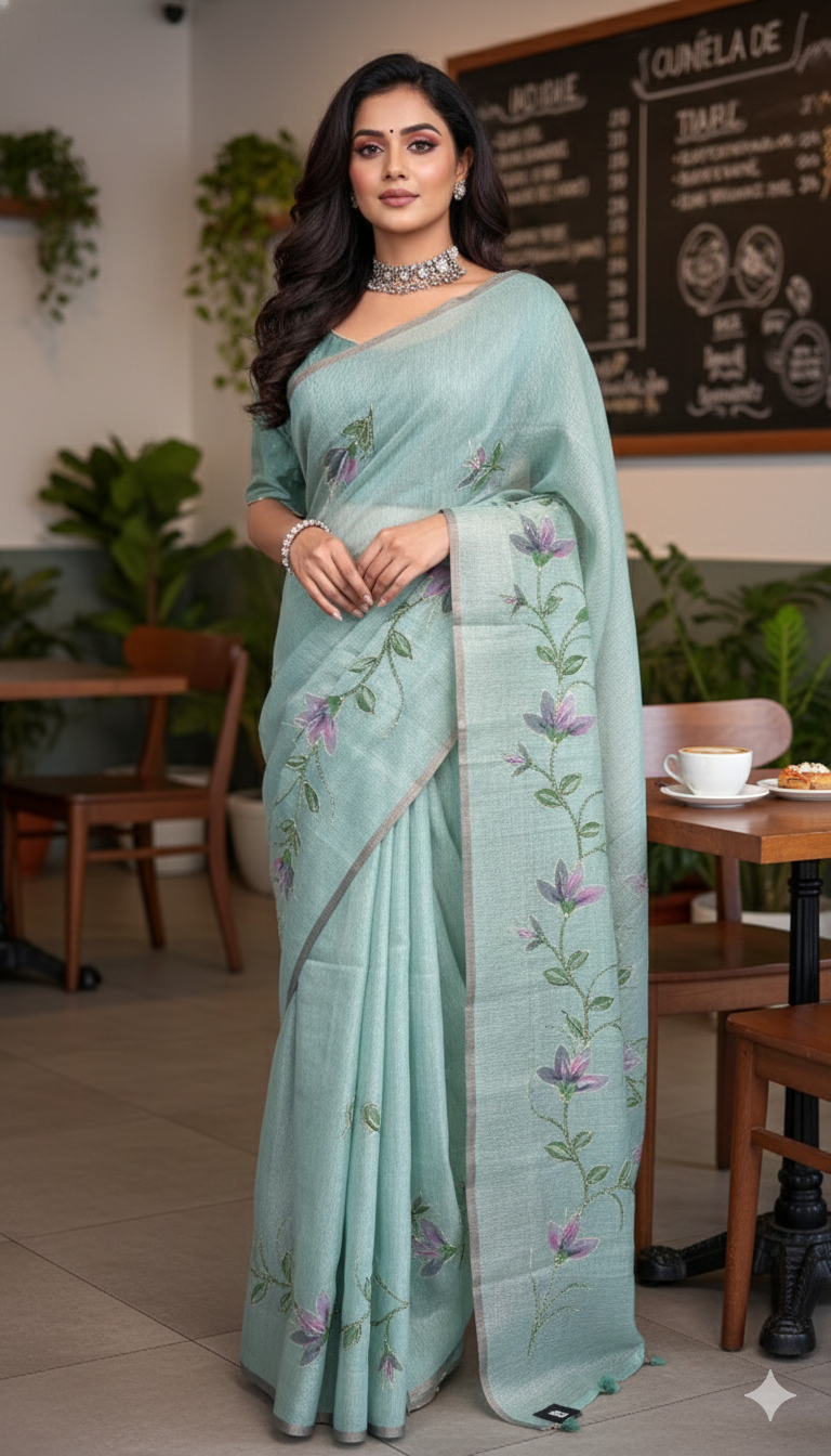 Kotta tissue silk saree with hand paint and work , with stitched blouse
