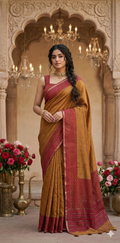 Mustard yellow and pink blended  tussar silk kantha work, and BP