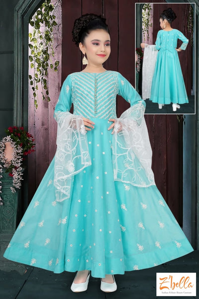 Sea Blue Full Length Kurti With Silver Sequins Work Girl Kids Set