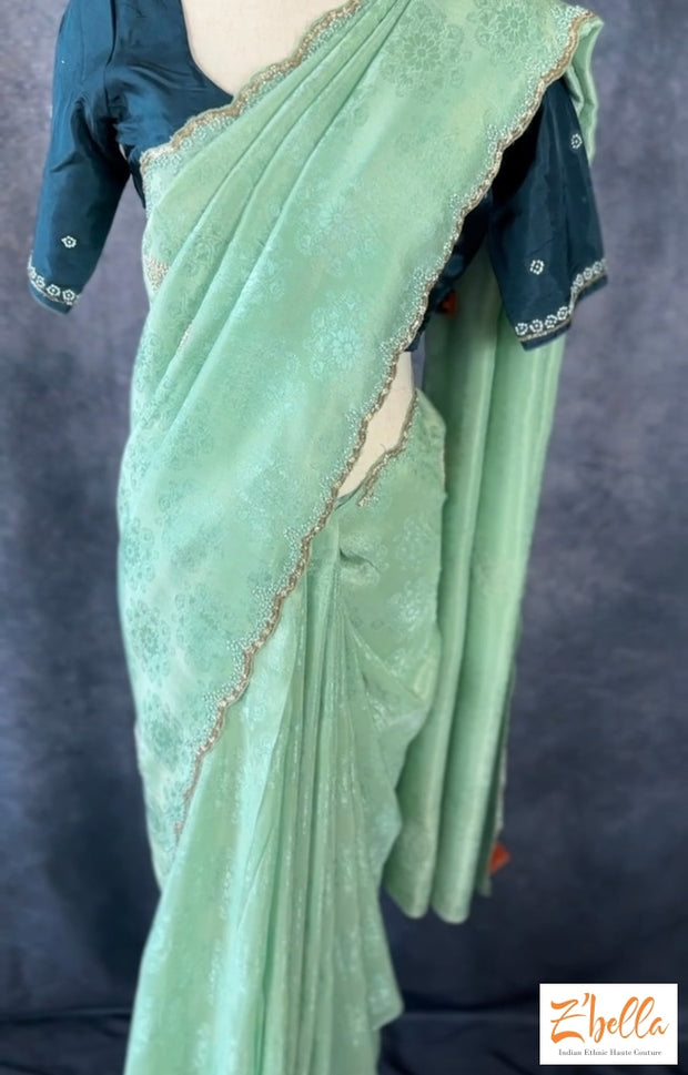 Sea Form Green Saree With Work Stitched Blouse Saree