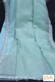 Sea Green Organza Silk Saree With Sequins And Bead Work Stitched Blouse Saree