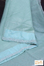 Sea Green Organza Silk Saree With Sequins And Bead Work Stitched Blouse Saree