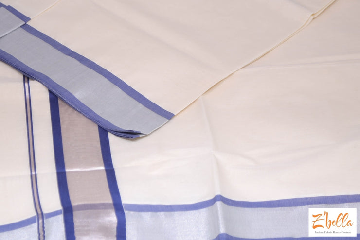 Set Saree With Blue And Silver Border Saree