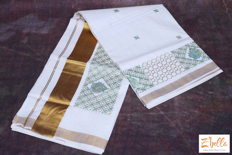 Set Saree With Light Green And Gold Thread Embroidery Saree