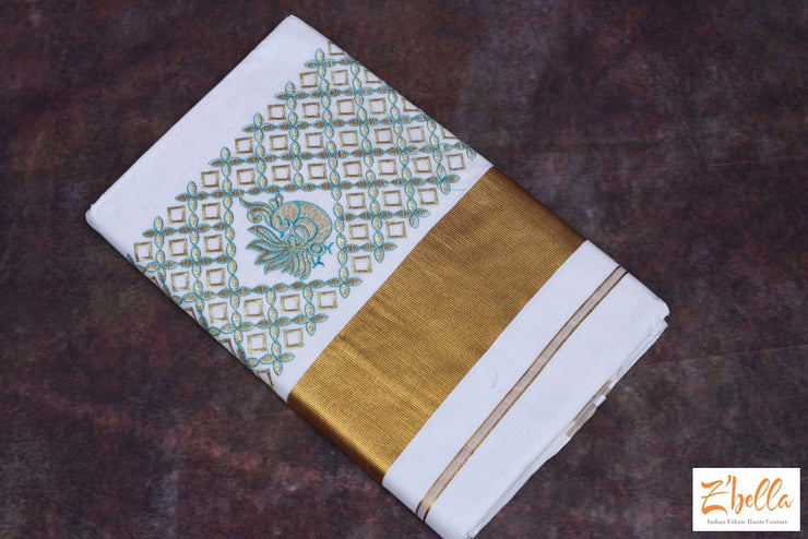 Set Saree With Light Green And Gold Thread Embroidery Saree