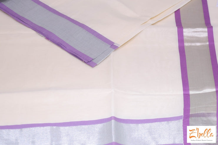 Set Saree With Lilac And Silver Border Saree