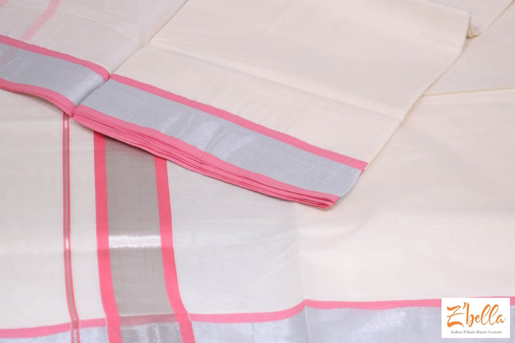 Set Saree With Pink And Silver Border Saree