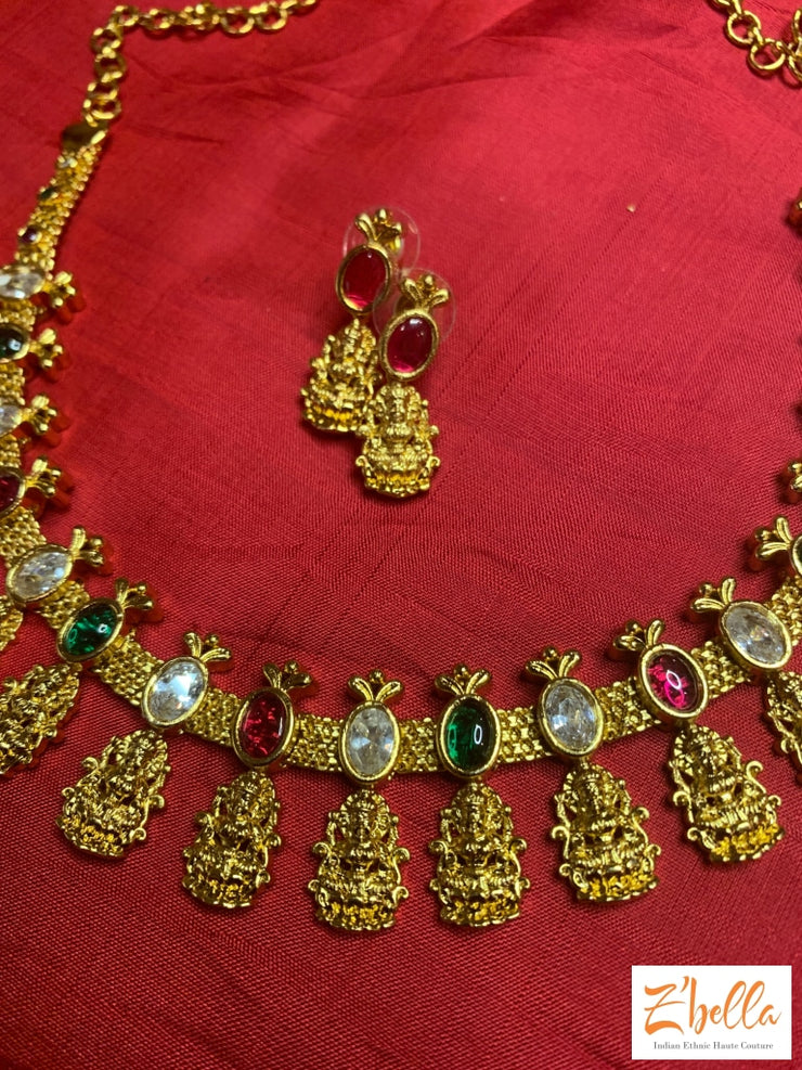 Short Devi Pendant With Multi Color Stone Necklace