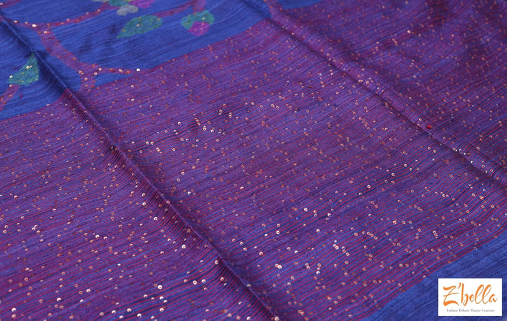 Silk Mark Certified Blue Matka Silk Saree With Sequins Jal Weave Stitched Blouse Saree