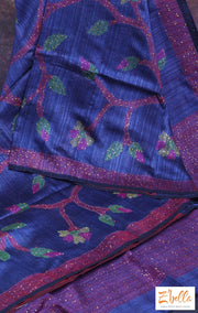 Silk Mark Certified Blue Matka Silk Saree With Sequins Jal Weave Stitched Blouse Saree