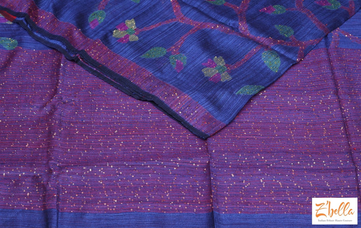 Silk Mark Certified Blue Matka Silk Saree With Sequins Jal Weave Stitched Blouse Saree