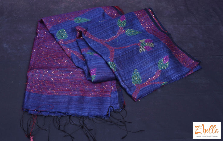 Silk Mark Certified Blue Matka Silk Saree With Sequins Jal Weave Stitched Blouse Saree