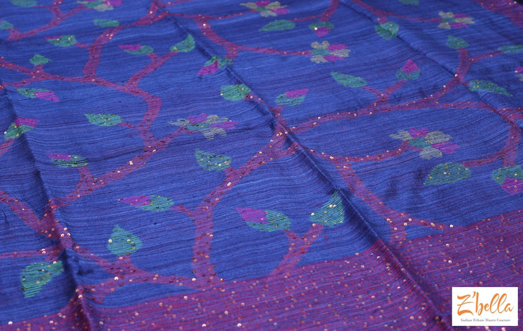 Silk Mark Certified Blue Matka Silk Saree With Sequins Jal Weave Stitched Blouse Saree