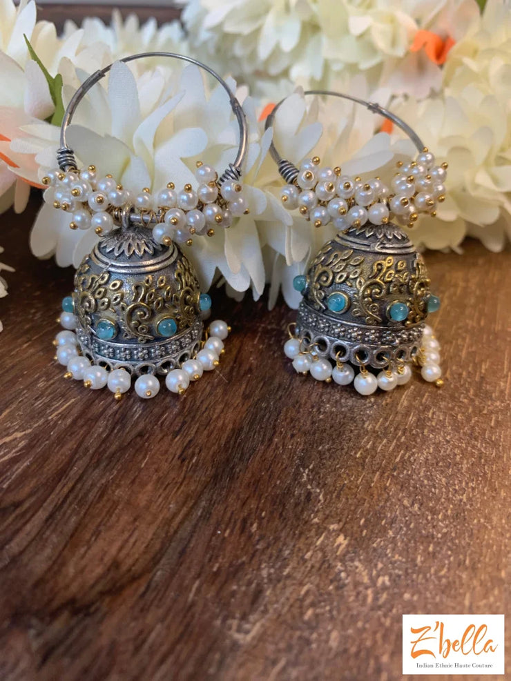 Silver Hoop Jhumka Earrings Tone