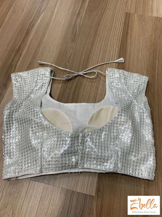 Silver Satin And Net Design Short Sleev Blouse Kids Set