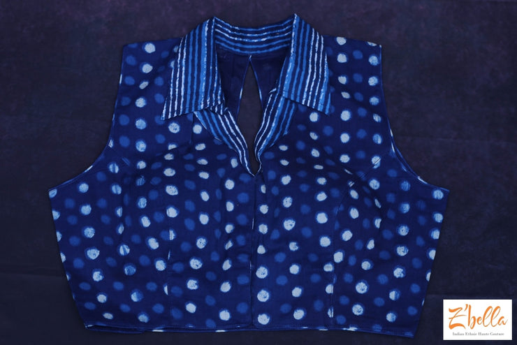 Sleeveless Indigo Print Colar Blouse Blouse