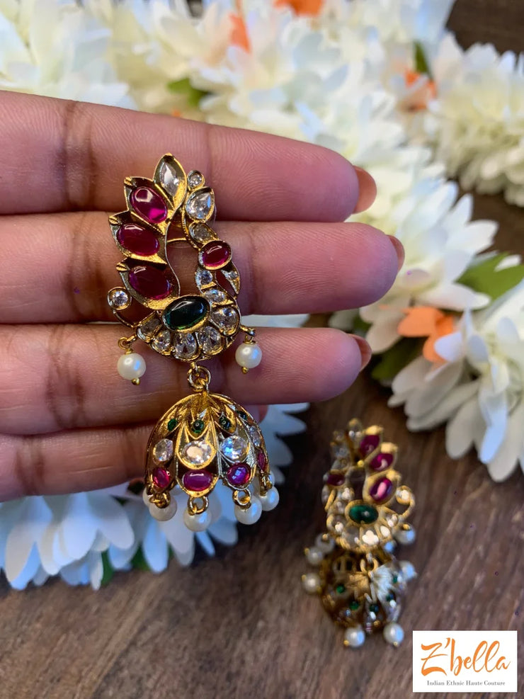 Small Jhumka With Kemp Stone Earrings Gold Tone