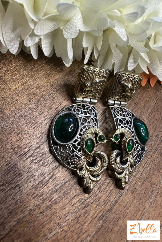 Small Stud With Green Stone Earrings Silver Tone
