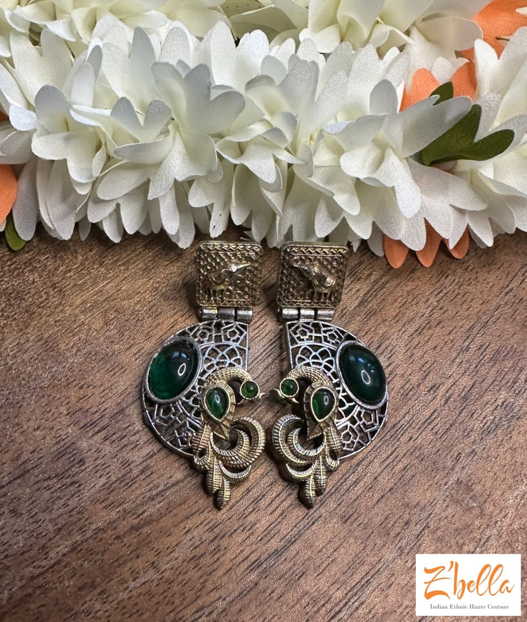 Small Stud With Green Stone Earrings Silver Tone