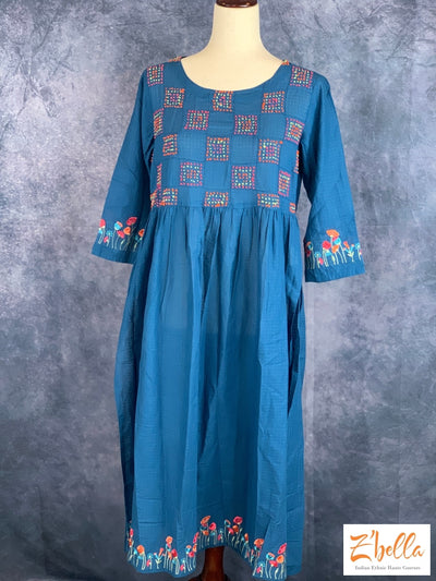 Teal Blue Cotton Kurti With Embroidery - Size 42 Kurti Set