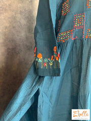 Teal Blue Cotton Kurti With Embroidery - Size 42 Kurti Set