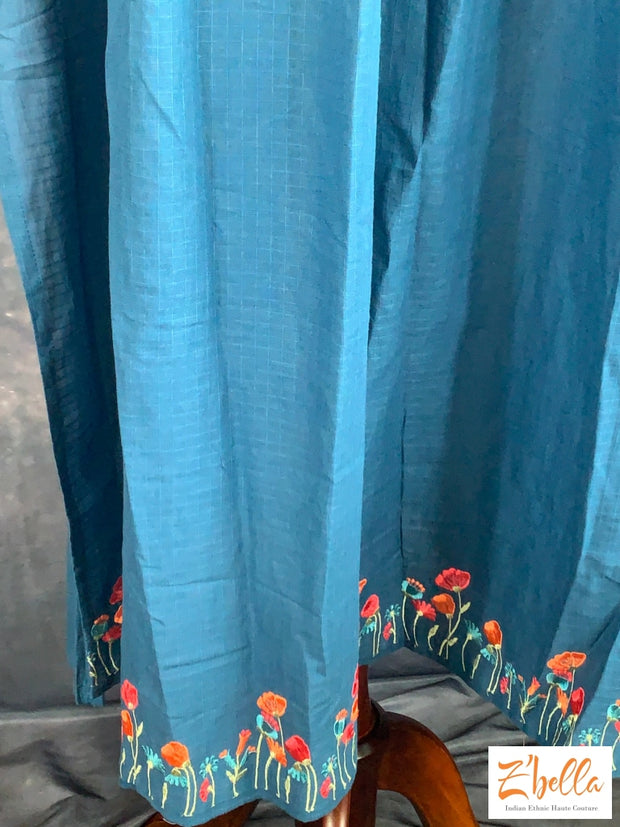Teal Blue Cotton Kurti With Embroidery - Size 42 Kurti Set