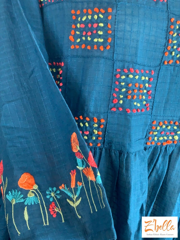 Teal Blue Cotton Kurti With Embroidery - Size 42 Kurti Set