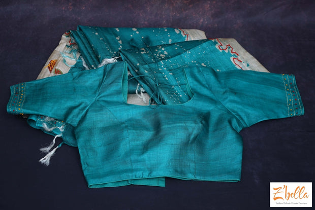 Teal Green And Offwhite Combo Designer Tussar Silk Saree With Kantha Work Stitched Blouse Saree